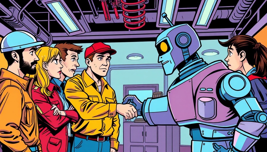 Retro comic of workers distrustful of AI, shaking hands with robot.