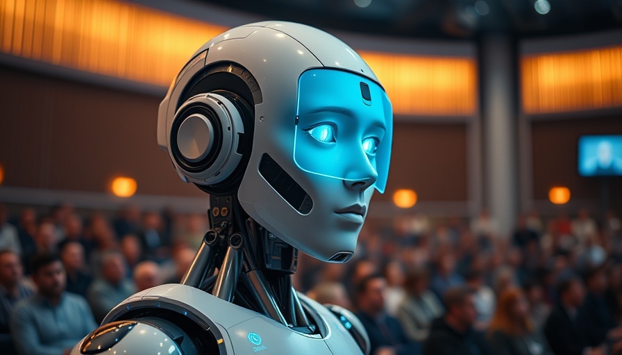Futuristic AI robot showcased at a tech event, highlighting AI marketing software.