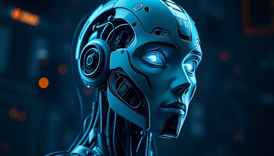 Futuristic robot in neon glow representing AI marketing software.