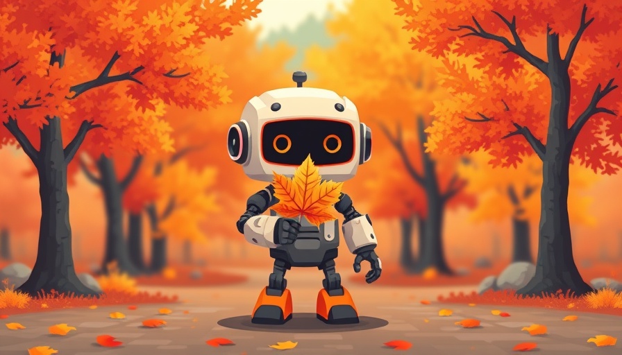 Retro pixel art robot with maple leaf in autumn setting