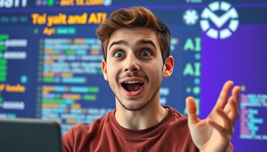 Excited young man discovering a free AI coding tool.