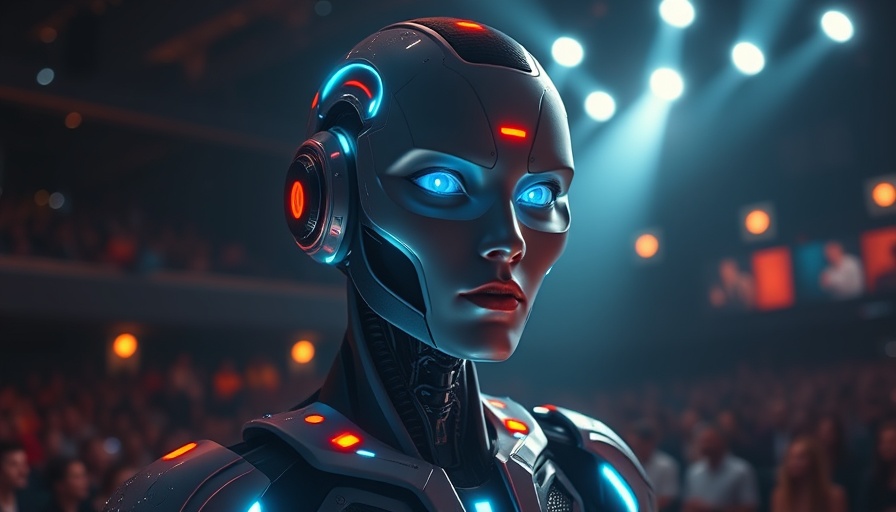 AI marketing software presentation with futuristic humanoid on stage.