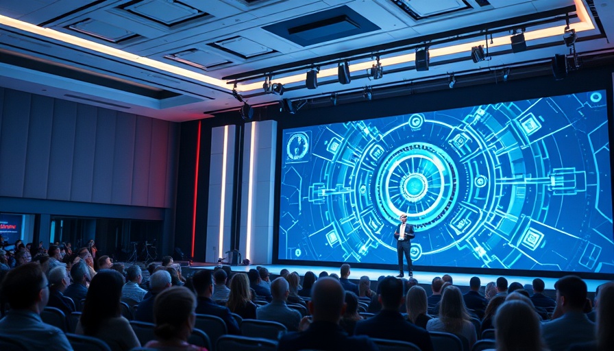 Futuristic conference with AI marketing software presentation.