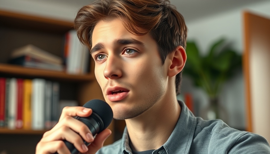 Young man discussing AI entrepreneurship in a modern office setting.