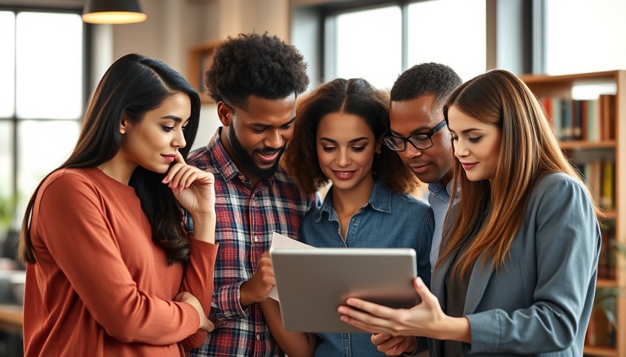 Professionals using tablet in office, discussing AI in financial recovery.