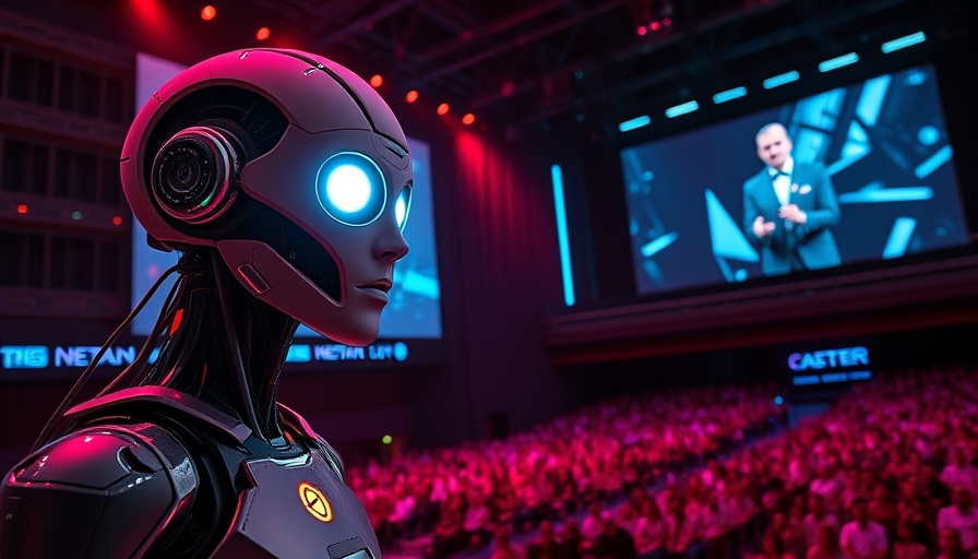 Futuristic AI android presentation at tech event for AI marketing software.