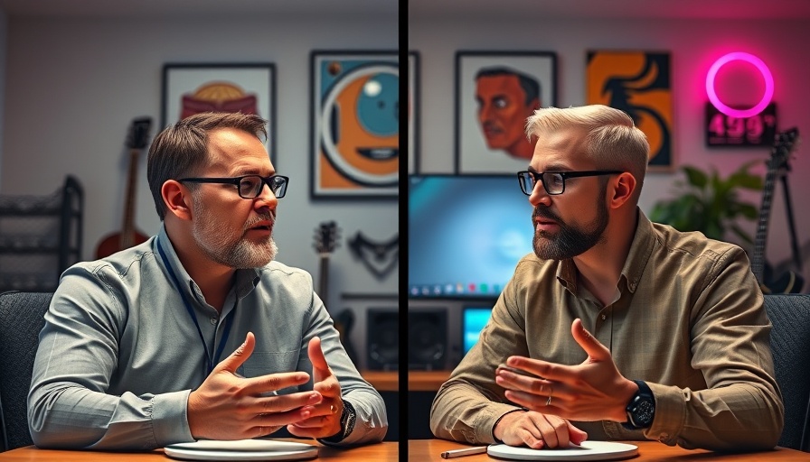 Two men discussing AI marketing in a split-screen virtual meeting.