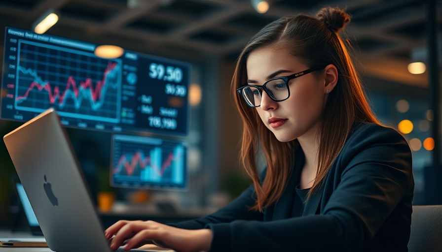 Young woman working in modern office with digital data overlays.