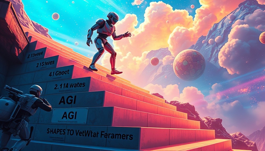 Futuristic robot climbing AI development steps towards AGI.