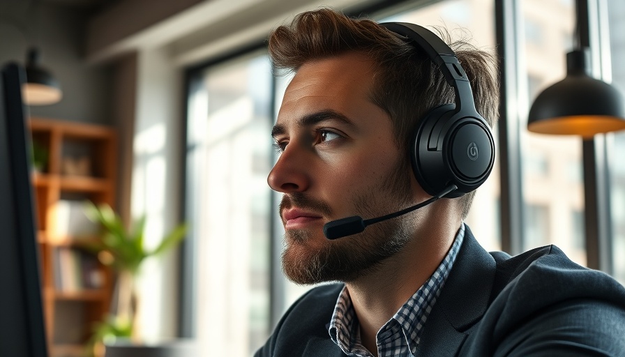 Focused man in headphones on video call in modern office, AI marketing.