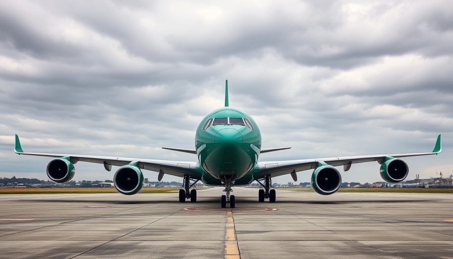 Green Boeing airplane parked on tarmac under cloudy sky.