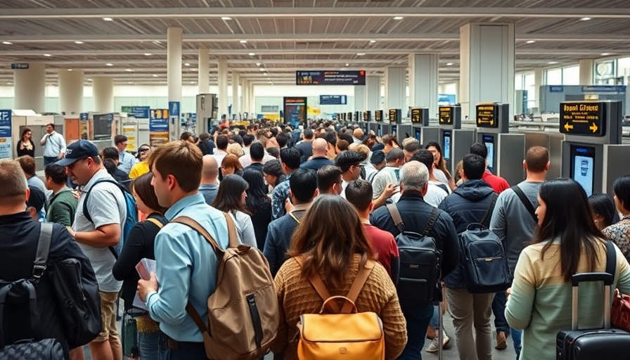 Busy airport checkpoint as travelers queue; highlights TSA shoe policy changes.
