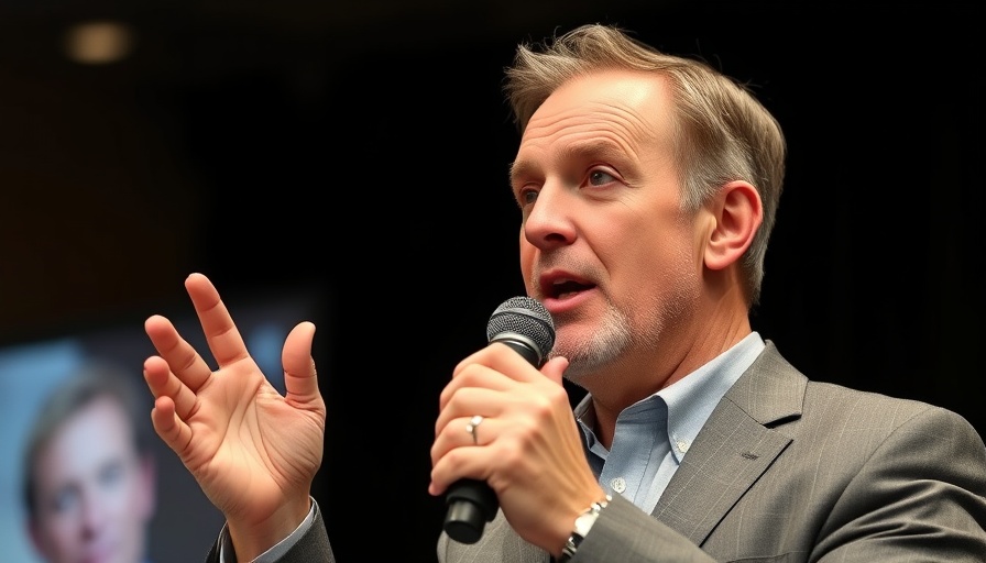 Middle-aged man speaking at a conference, holding microphone, serious expression.