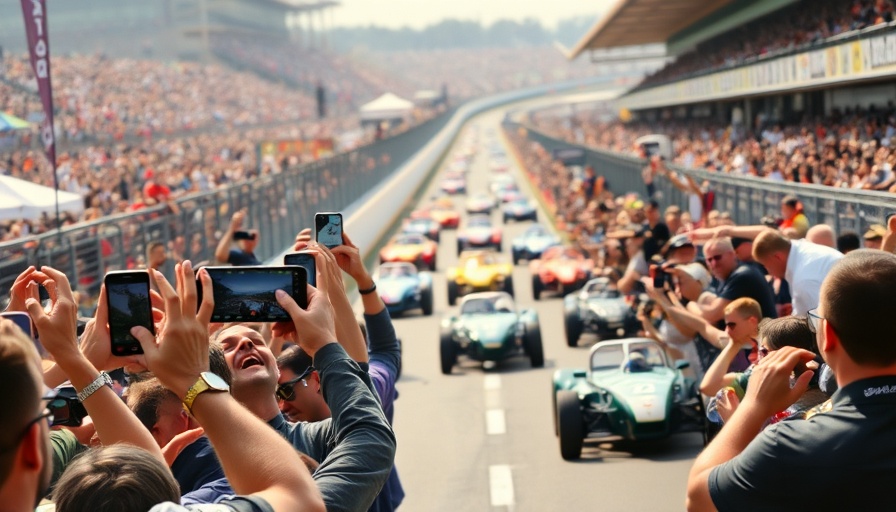 Excited spectators capturing a thrilling car race on phones under bright daylight.