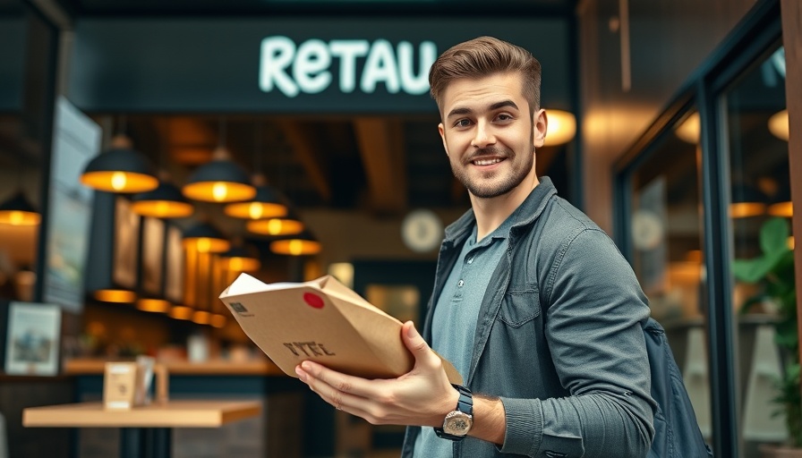 Young man with takeout exiting modern fast casual restaurant.