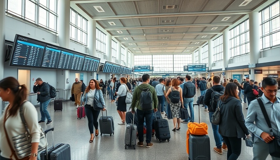 Travelers in airport terminal checking flights, symbolizing airlines and flight pricing trends.
