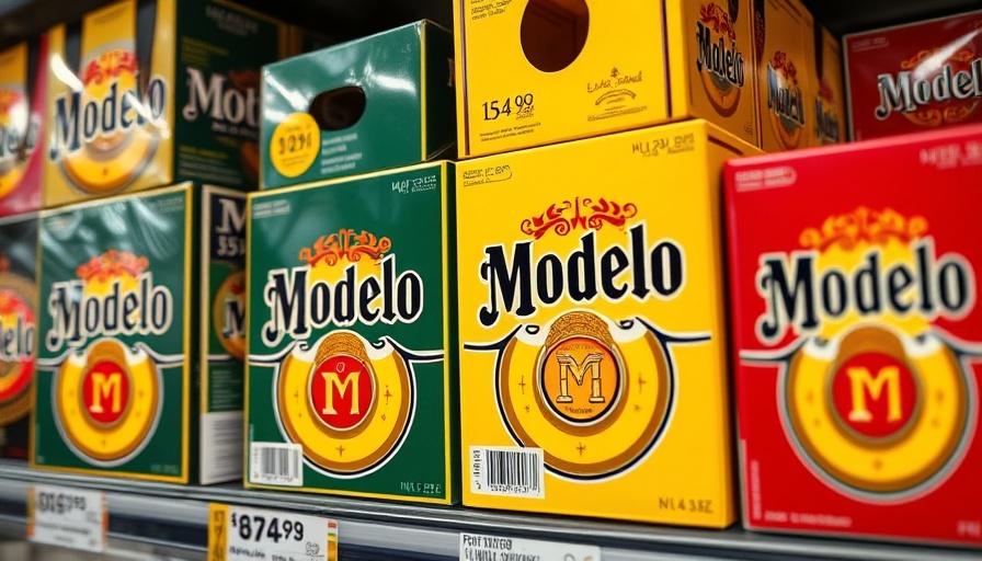Close-up of Modelo beer boxes on store shelf highlighting packaging.