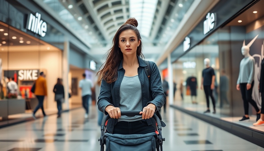 Woman pushes stroller past Nike store, discussing Nike tariff costs.