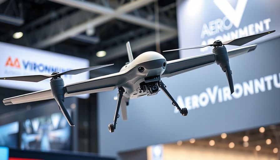 Detailed military drone with AeroVironment logo, exhibition display.