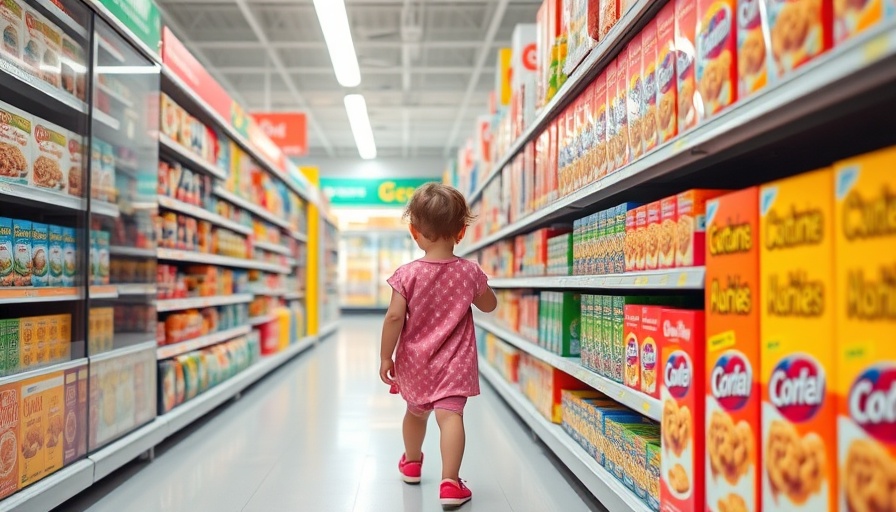 General Mills cereal aisle with child in pink outfit browsing.