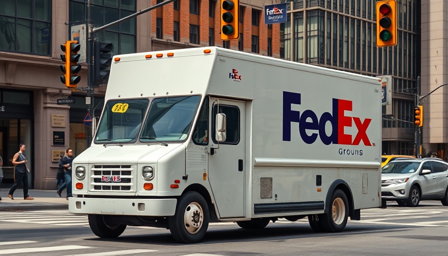 FedEx Ground truck driving in city street, FedEx earnings report 2025.