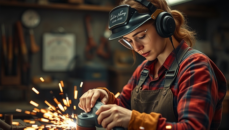 Focused female welder working in a workshop, grinding metal.
