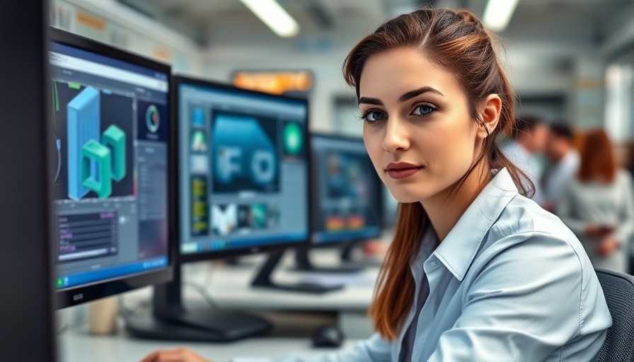 Professional using dual screens in a modern office environment.