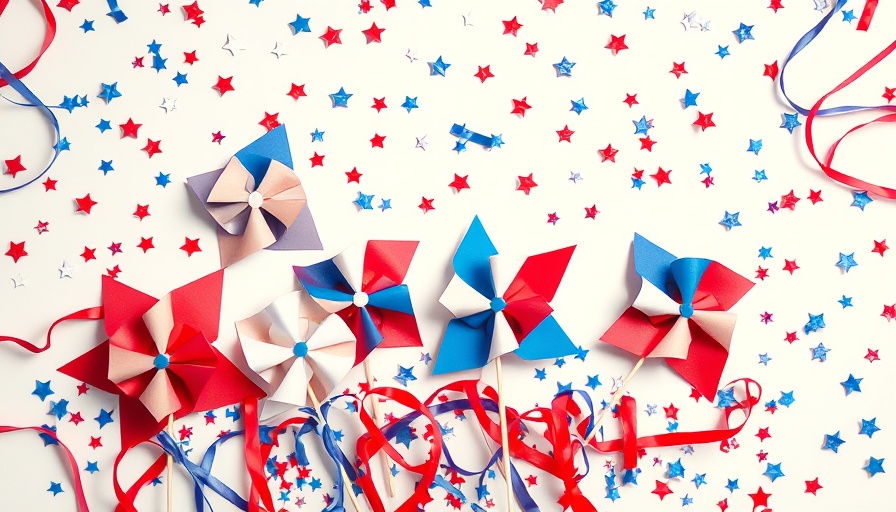 Festive 4th of July decorations with pinwheels and confetti.