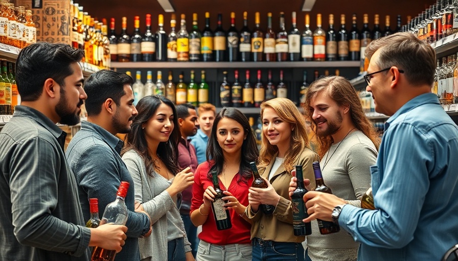 Diverse group shopping in a liquor store, vibrant shelves, Stocking Your Liquor Store for 4th of July.