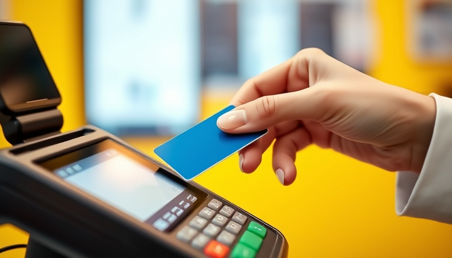 Credit card payment processing with a modern terminal on yellow background.