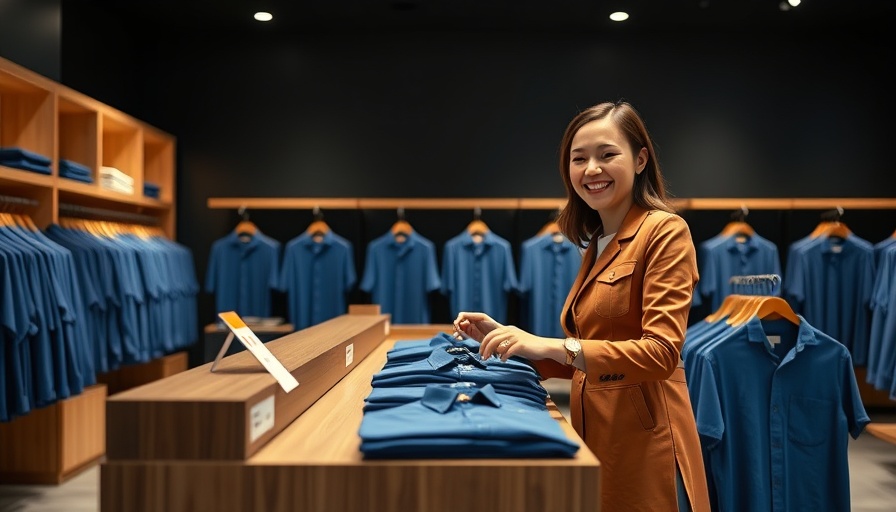 Cheerful woman organizing blue shirts at retail counter, win with wholesale.