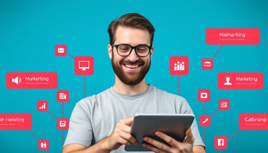 Smiling man with marketing icons on blue background, 4th of July marketing strategies.