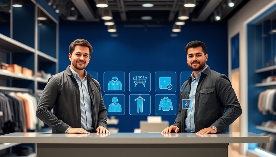 Modern retail store with men at counter and digital clothing icons, How to Run a Retail Store Successfully.