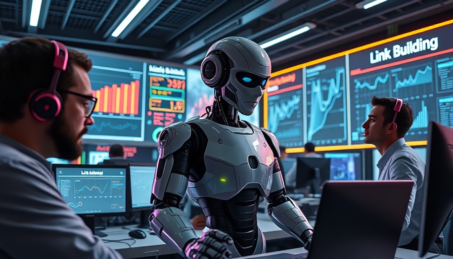 AI robot assisting in link-building strategies in a futuristic office.