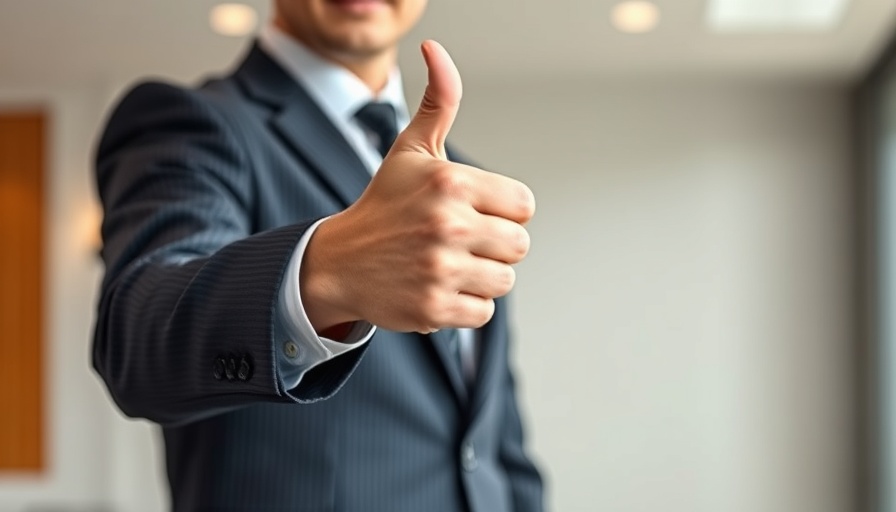 Confident businessman giving thumbs-up for future endeavors.