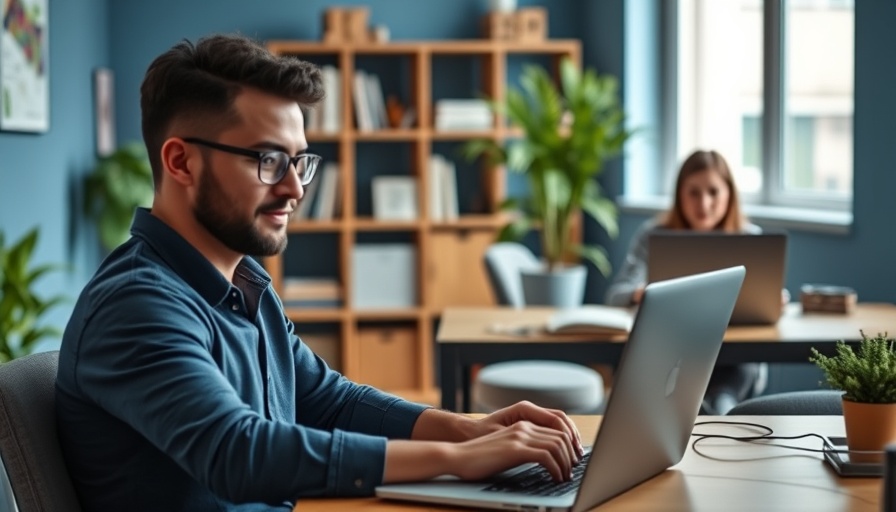 Office scene with two people using laptops, discussing AI for small businesses.