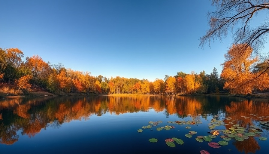 Serene lake with autumn foliage in Delaware, reflecting sky, Business Entity Search in Delaware.