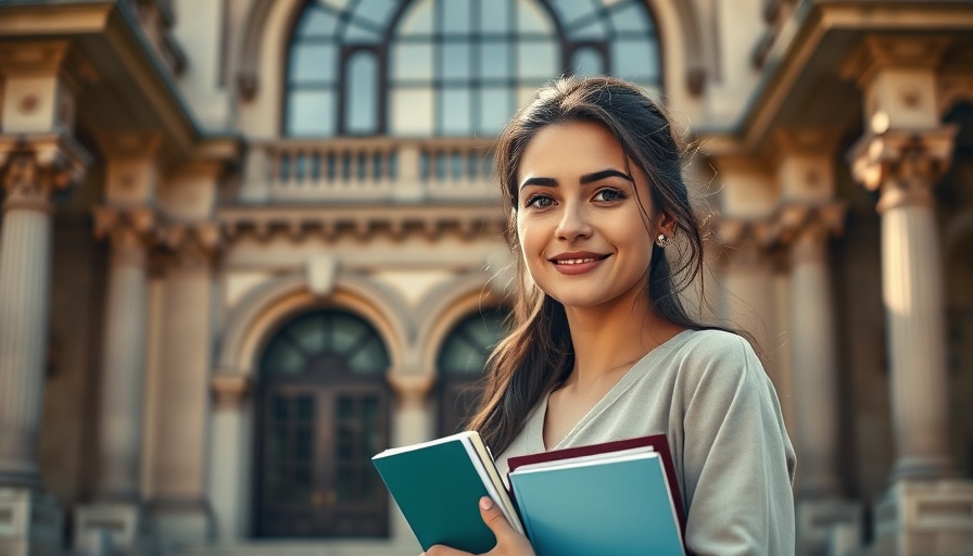 Confident student starting a business in front of a historic building.