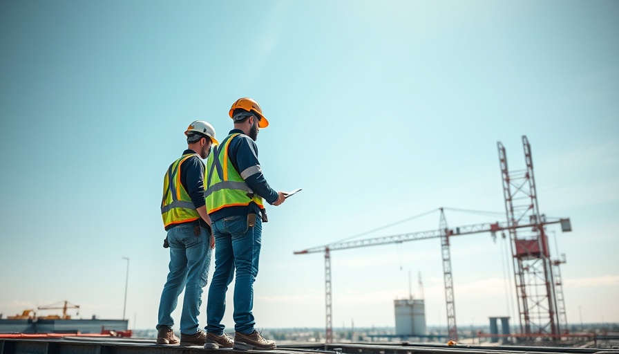 Construction workers assessing rooftop structure, highlighting B2B aspects.