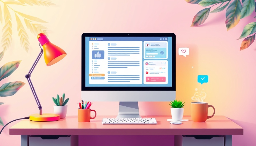 Creative workspace with social media icons and content.