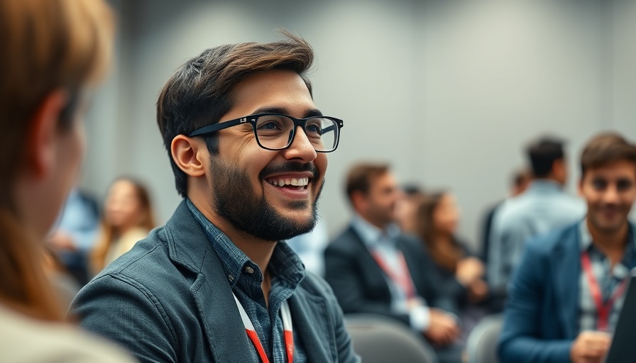 Smiling young man advocating for small businesses at a conference.