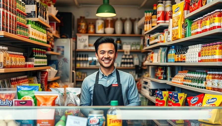 Cheerful shop owner supporting small businesses in NYC, vibrant store.