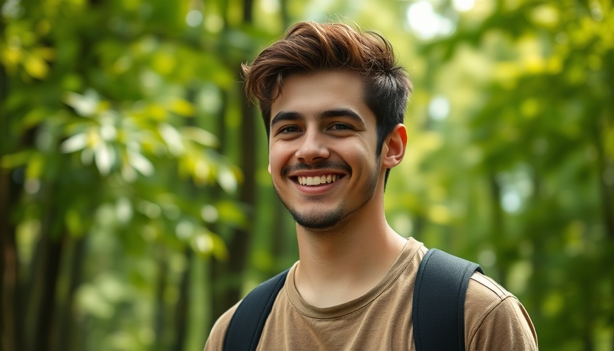 Friendly young man smiling outdoors in a forest setting.