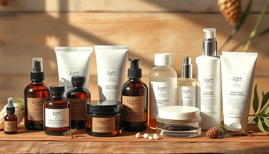 Elegant organic skincare products on rustic table in soft light.