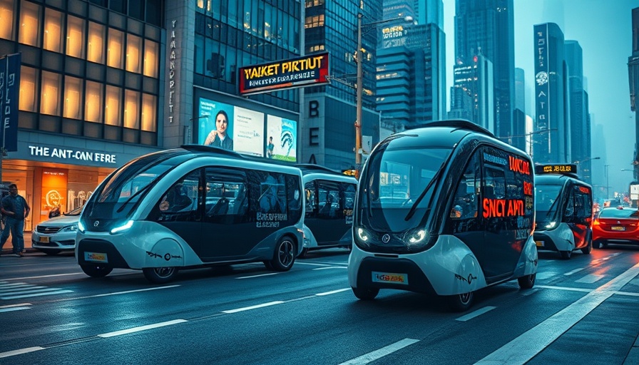 Futuristic transportation vehicles in modern cityscape.
