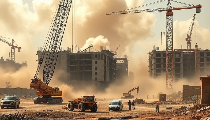 Dusty construction site with cranes and workers rebuilding.