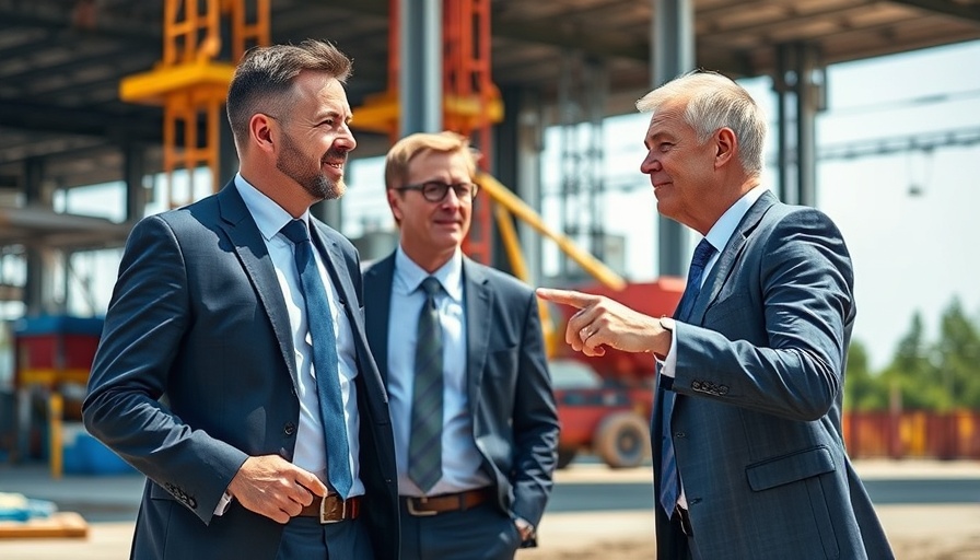Business professionals discuss acquisition in industrial Tampa Bay setting.