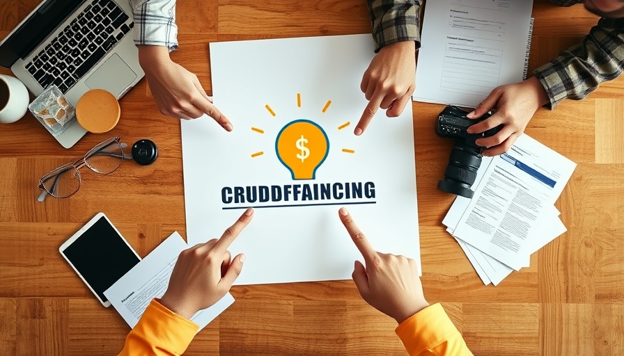 Crowdfunding concept poster with tools on table, highlighting pros and cons.