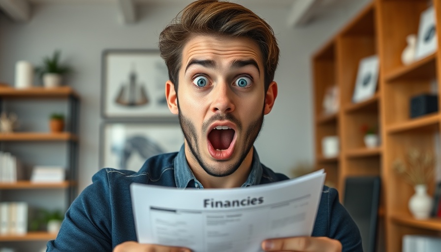 Shocked young man with papers, SBA loan default context.