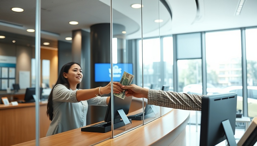 Bank teller assisting customer, showcasing embedded finance transforming business.